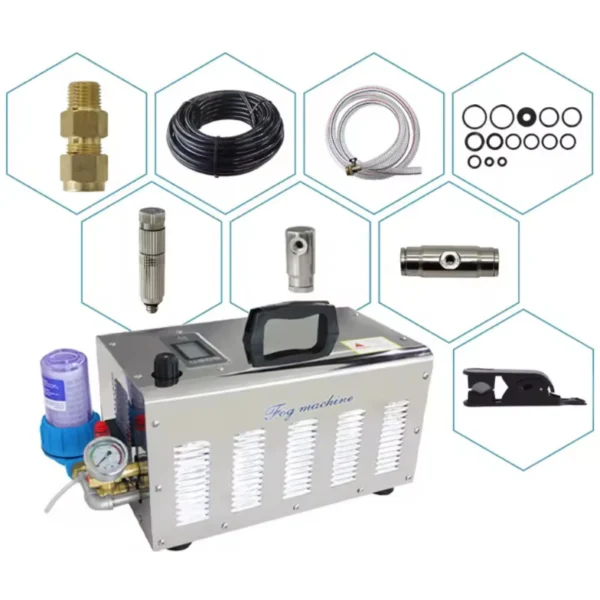 Fog Machine Mist System,7L/min, SS Cover, With Digital Timer, Crank Pump (3 Plungers), 220V/110V,50Hz/60Hz,1.8KW,60Bar, 860PSI,4-10℃,7L/min,600㎡,100meter Nylon 95 Nozzles and 96 Slip Connectors - Image 2