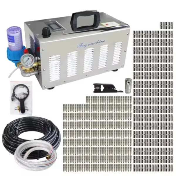Fog Machine Mist System,7L/min, SS Cover, With Digital Timer, Crank Pump (3 Plungers), 220V/110V,50Hz/60Hz,1.8KW,60Bar, 860PSI,4-10℃,7L/min,600㎡,100meter Nylon 95 Nozzles and 96 Slip Connectors - Image 7